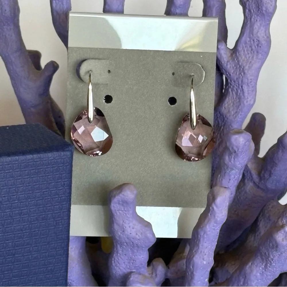 Authentic Swarovski Galet Cut Soft Purple Rhodium Plated Fish Hook Drop Earrings - Picture 4 of 15
